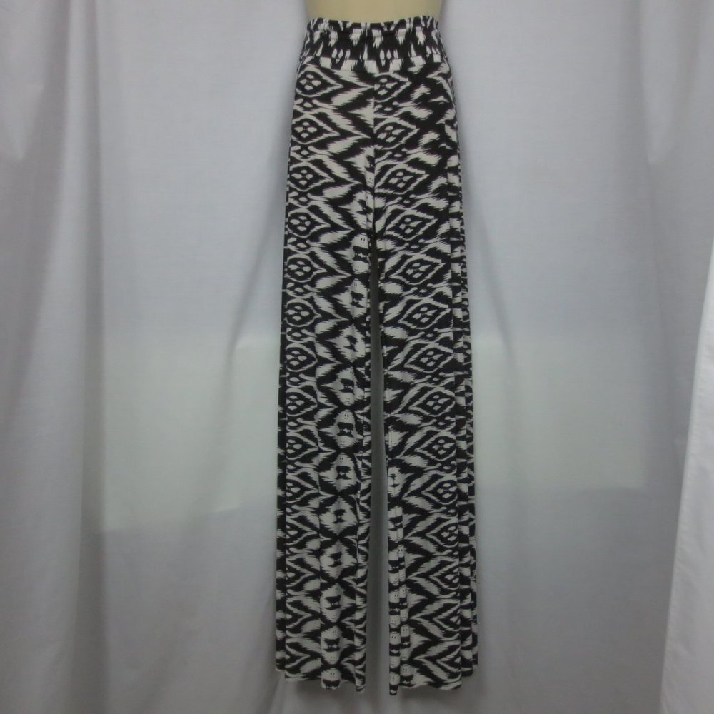 J USA Palazzo Pants Black Warm White Tribal Boho High Waist Stretch Size M Tall